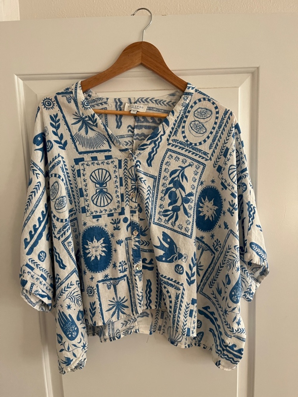 Calypso St. Barth Printed Linen Rayon Blend Boxy Top Blue & White EUC Size M